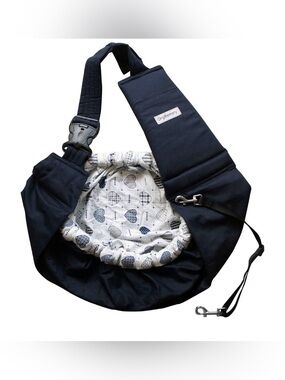 OrgMemory Navy pet Carrier Sling with Heart Print Lining and leash attachment